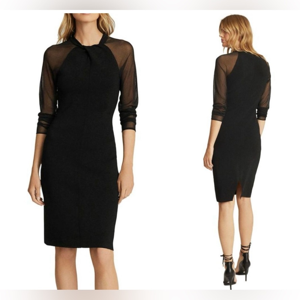Reiss Womens Tula Bodycon Dress With Semi Sheer Sleeves Black Sz XS‎ NWOT